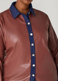 Denim Trimmed Faux Leather Shirt