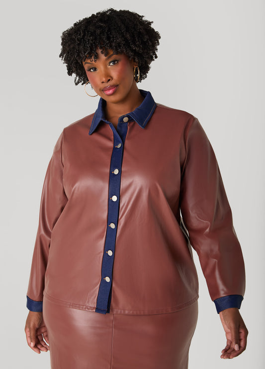 Plus Size Denim Trimmed Faux Leather Shirt