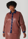 Plus Size Denim Trimmed Faux Leather Shirt
