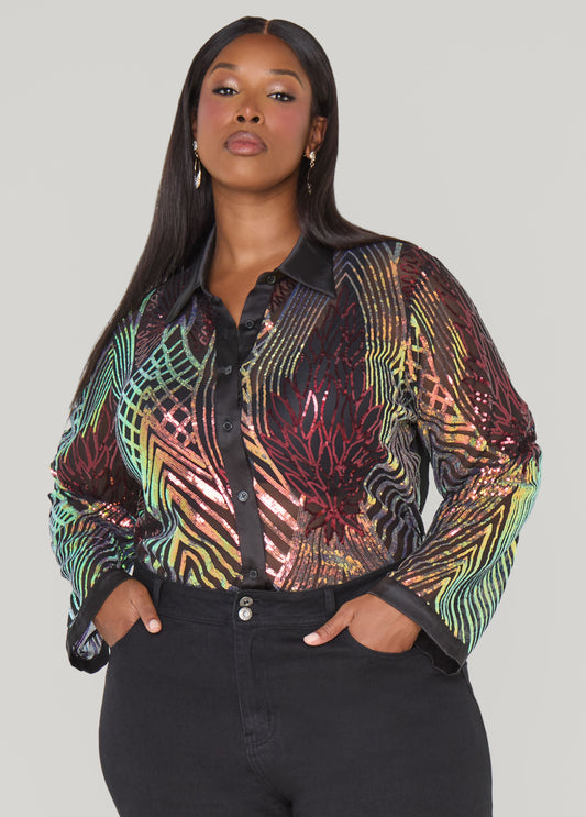 Plus Size Iridescent Sequined Mesh Shirt