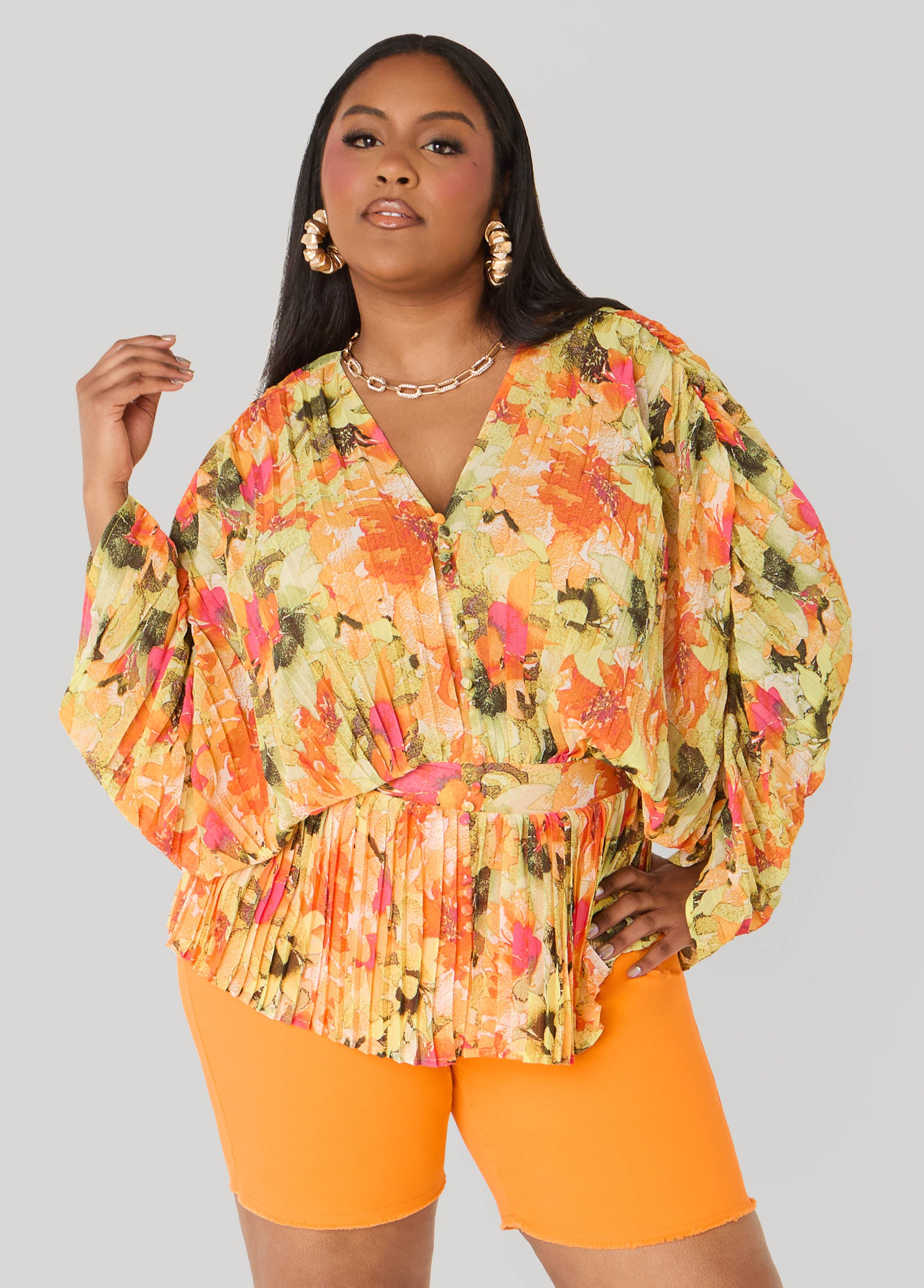Pleated Floral Print Blouse