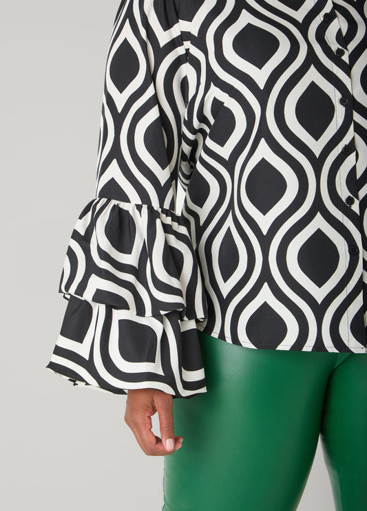 Geo Print Ruffled Sleeve Blouse