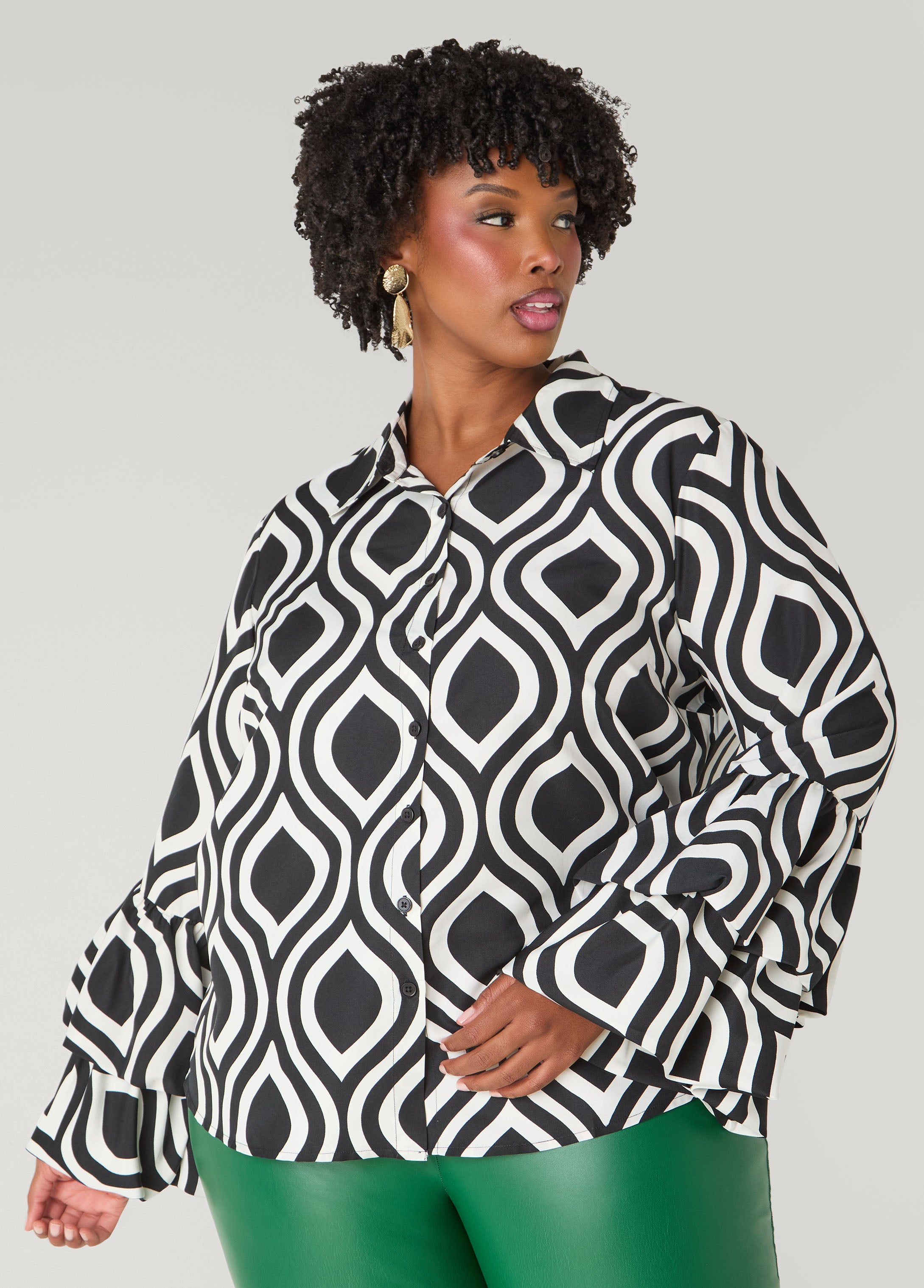 Plus Size Geo Print Ruffled Sleeve Blouse