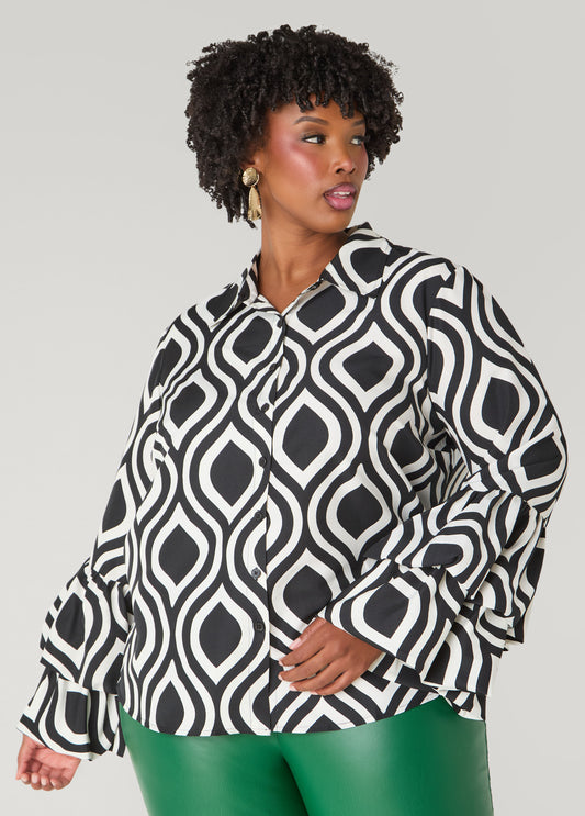 Plus Size Geo Print Ruffled Sleeve Blouse