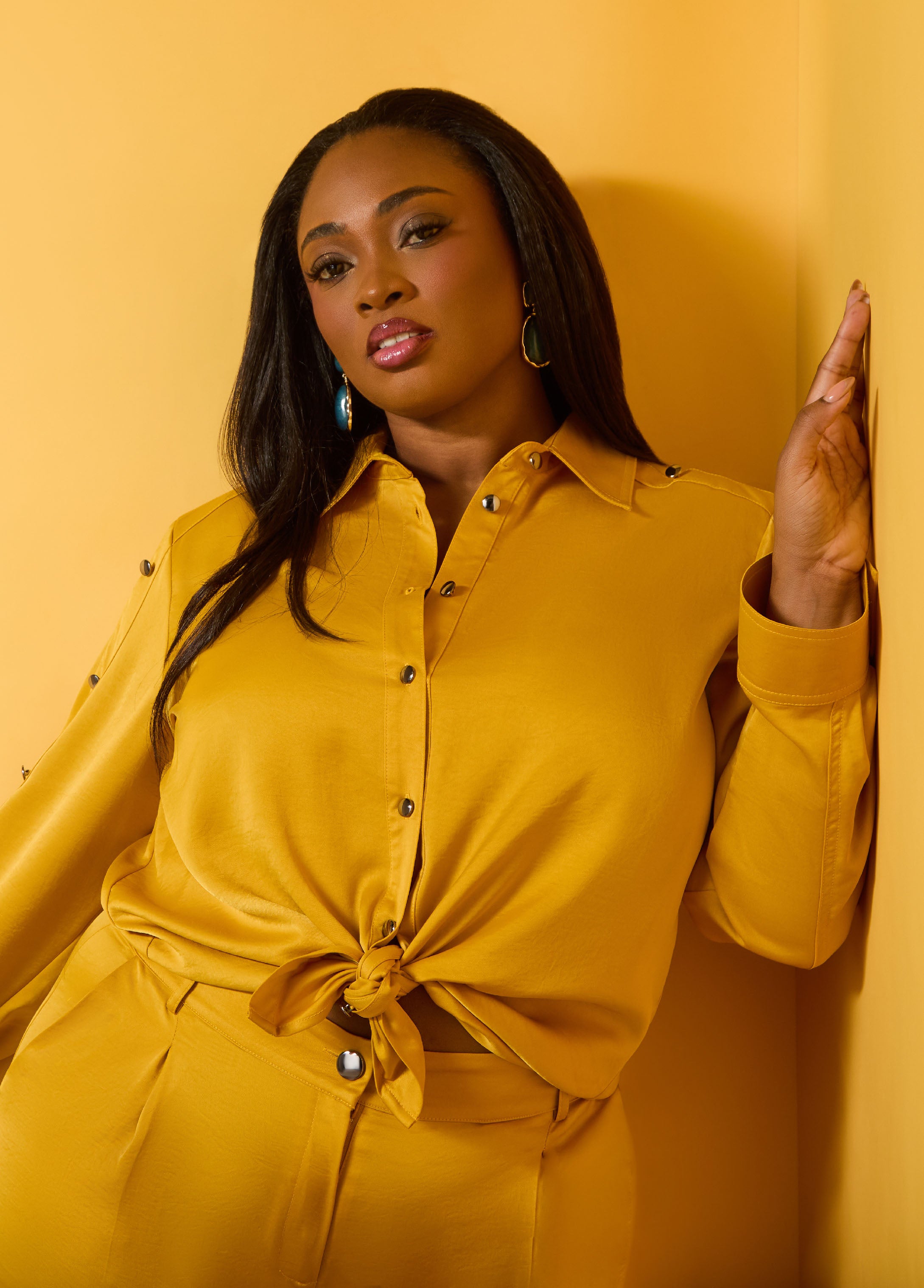 Plus Size Satin Shirt Plus Size Casual Chic Two Piece Yellow Set
