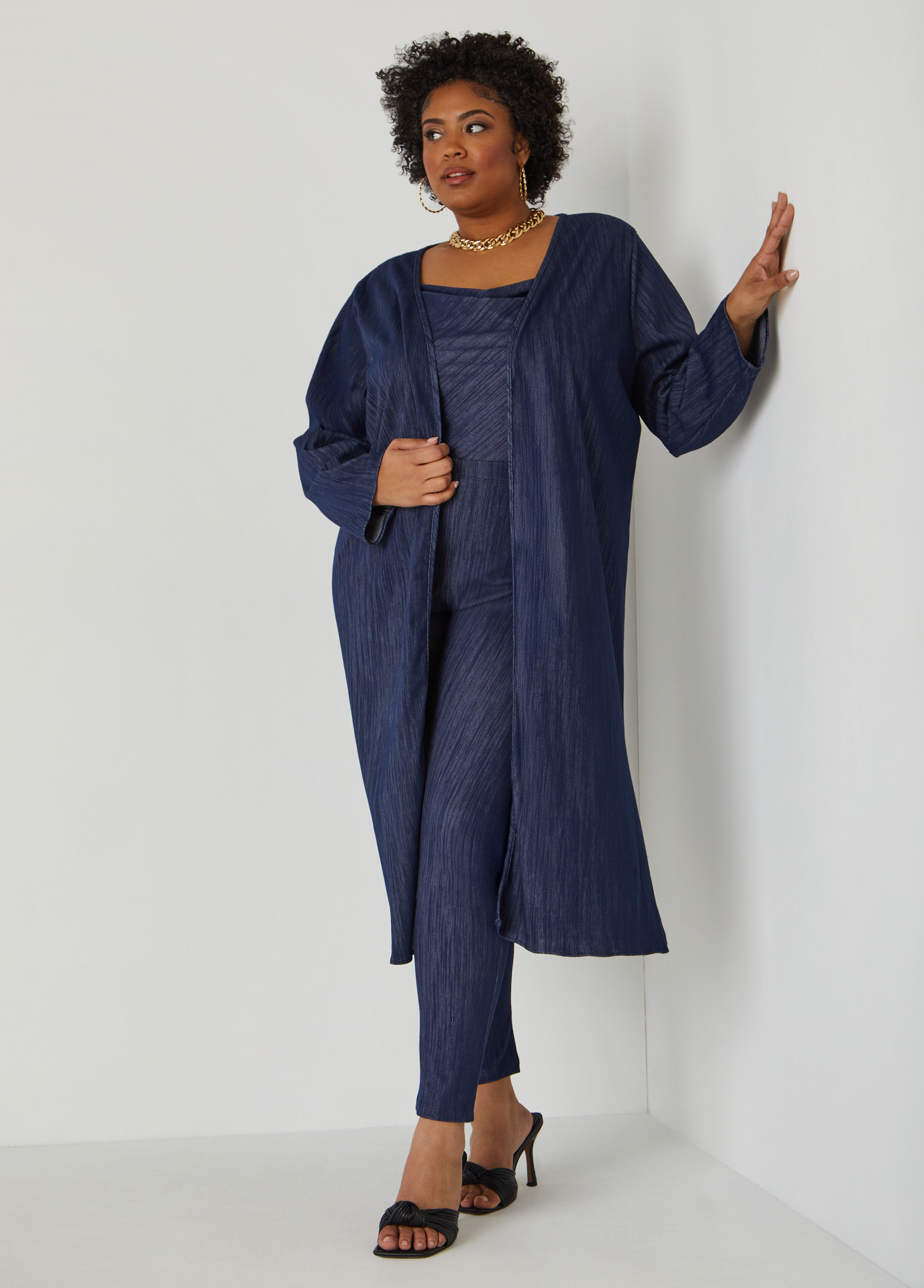 Plus Size Textured Denim Duster
