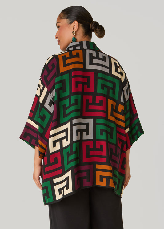 Greek Print V Neck Blouse
