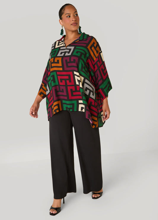 Plus Size Greek Print V Neck Blouse
