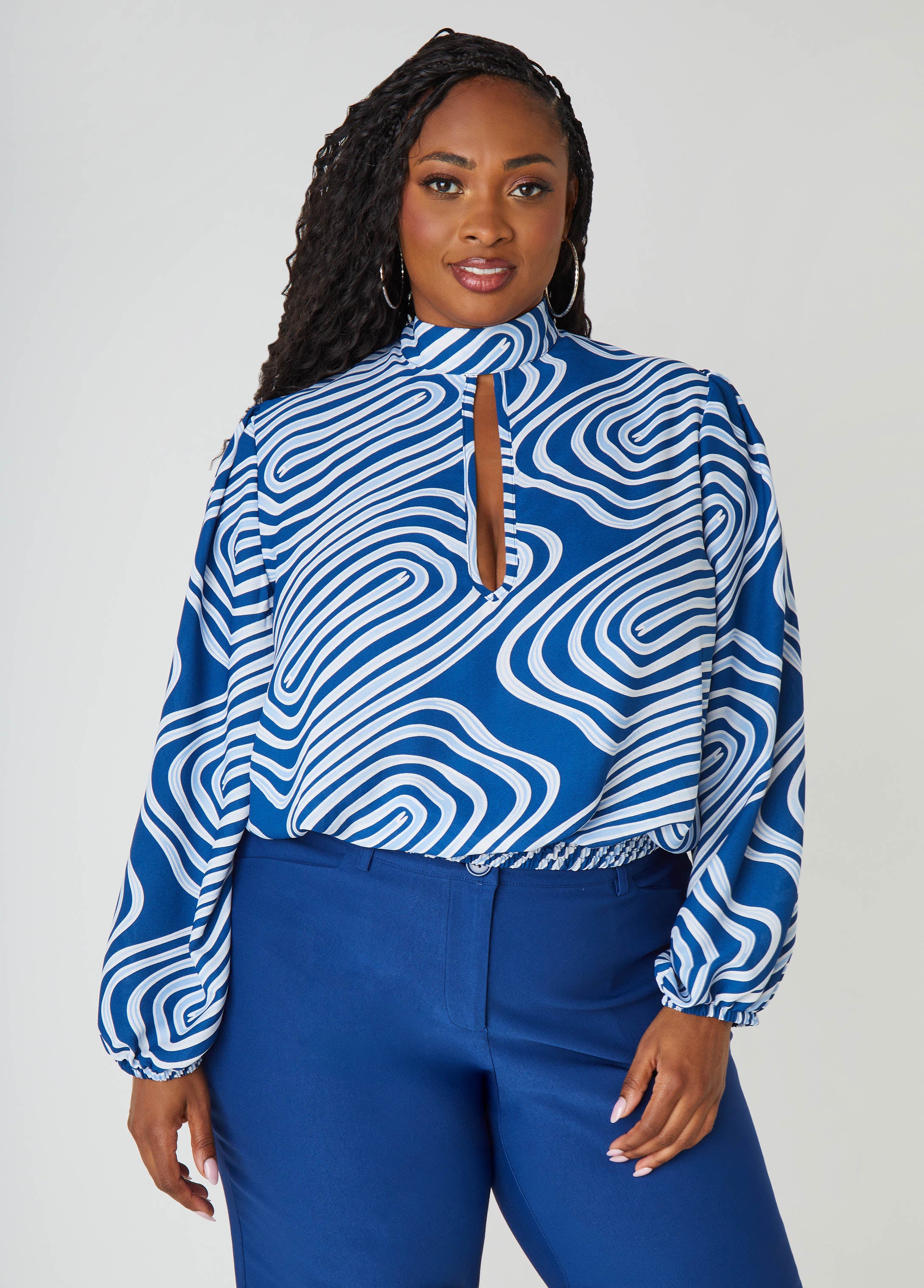 Plus Size Tie Neck Wavy Print Blouse