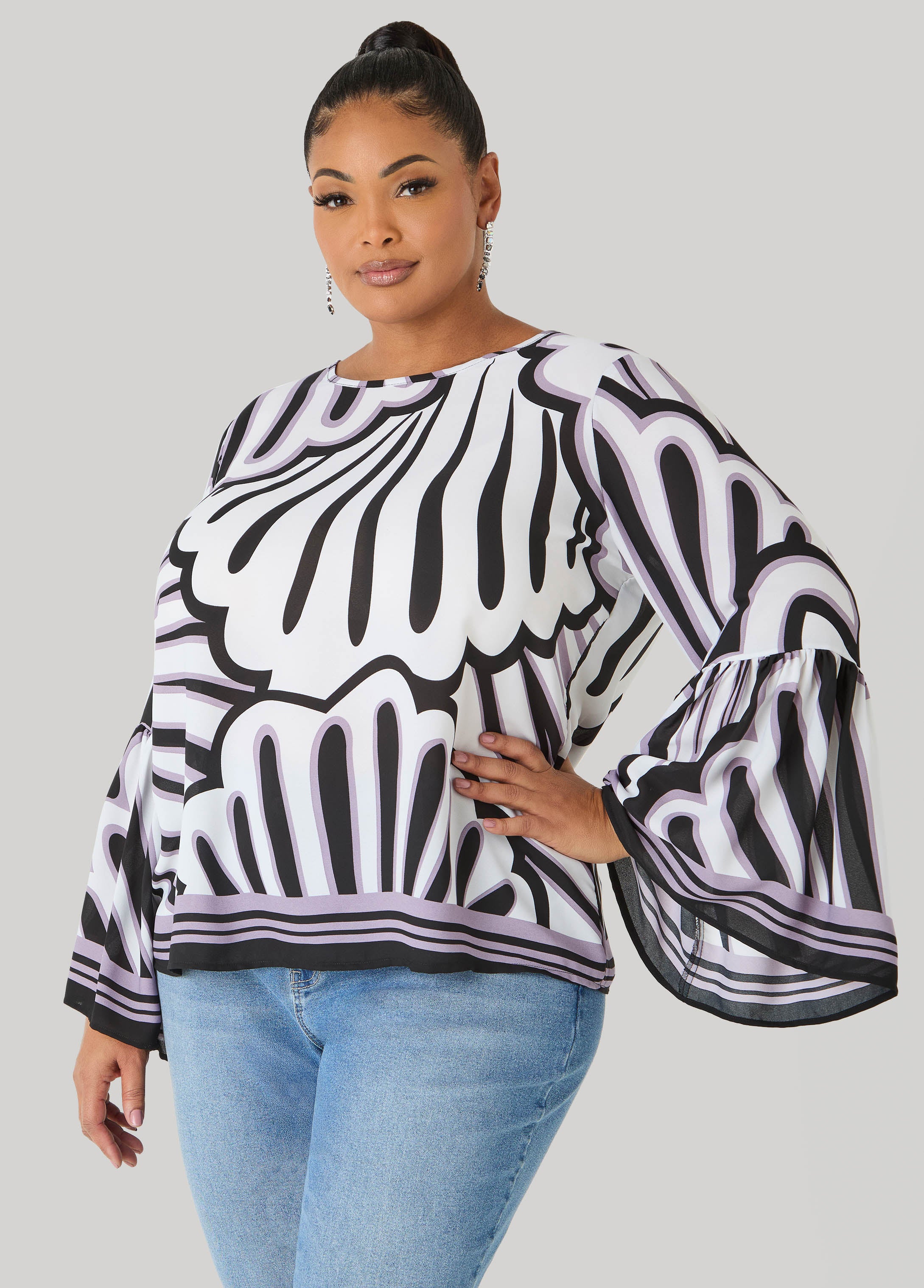 Bell Sleeved Fan Print Blouse