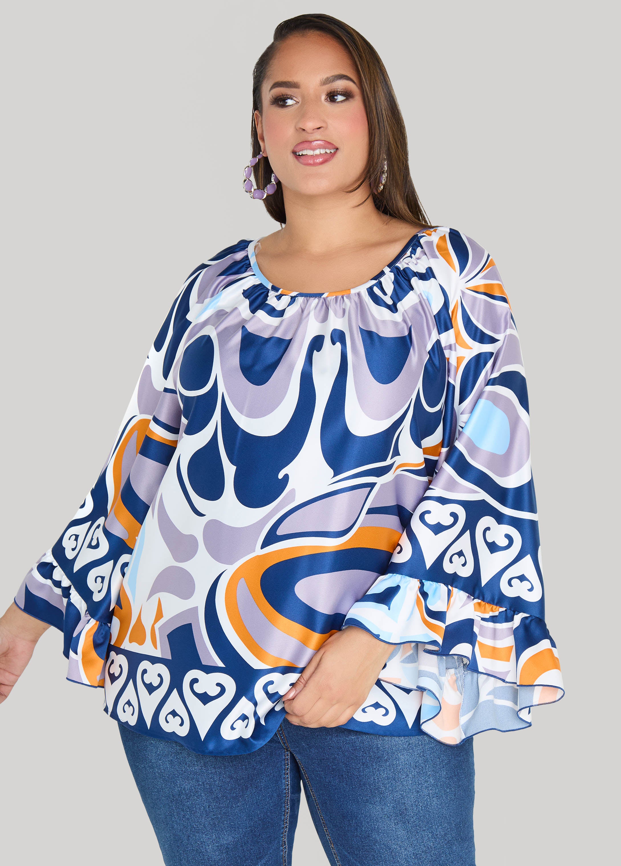 Ruffled Printed Satin Blouse