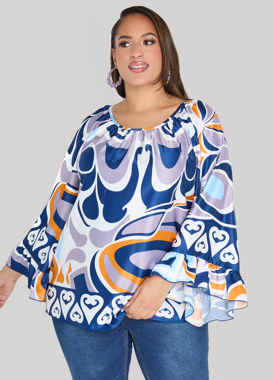 Ruffled Printed Satin Blouse