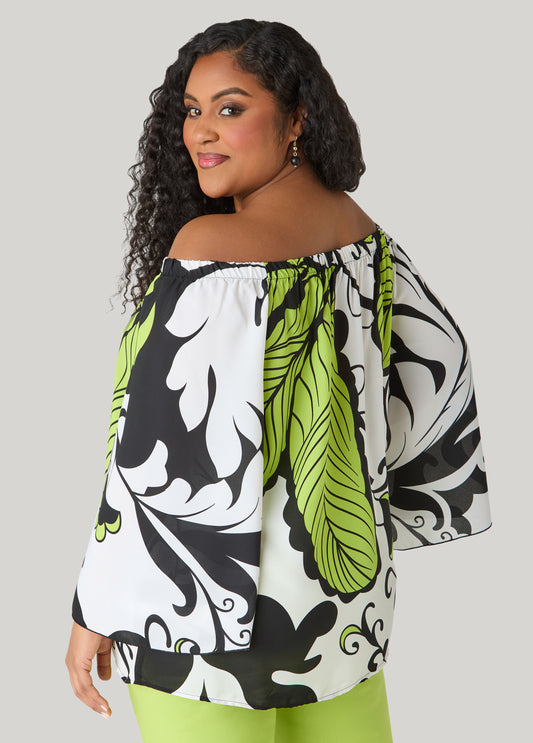 Off The Shoulder Leaf Print Tunic