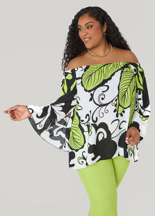 Off The Shoulder Leaf Print Tunic