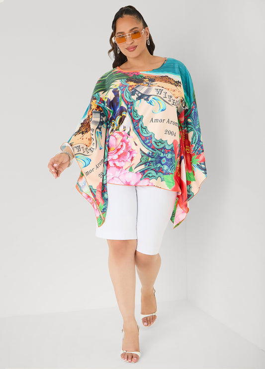 Postcard Print Satin Tunic