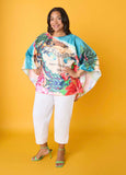 Plus Size Postcard Print Satin Poncho Drama Sleeved Tunic