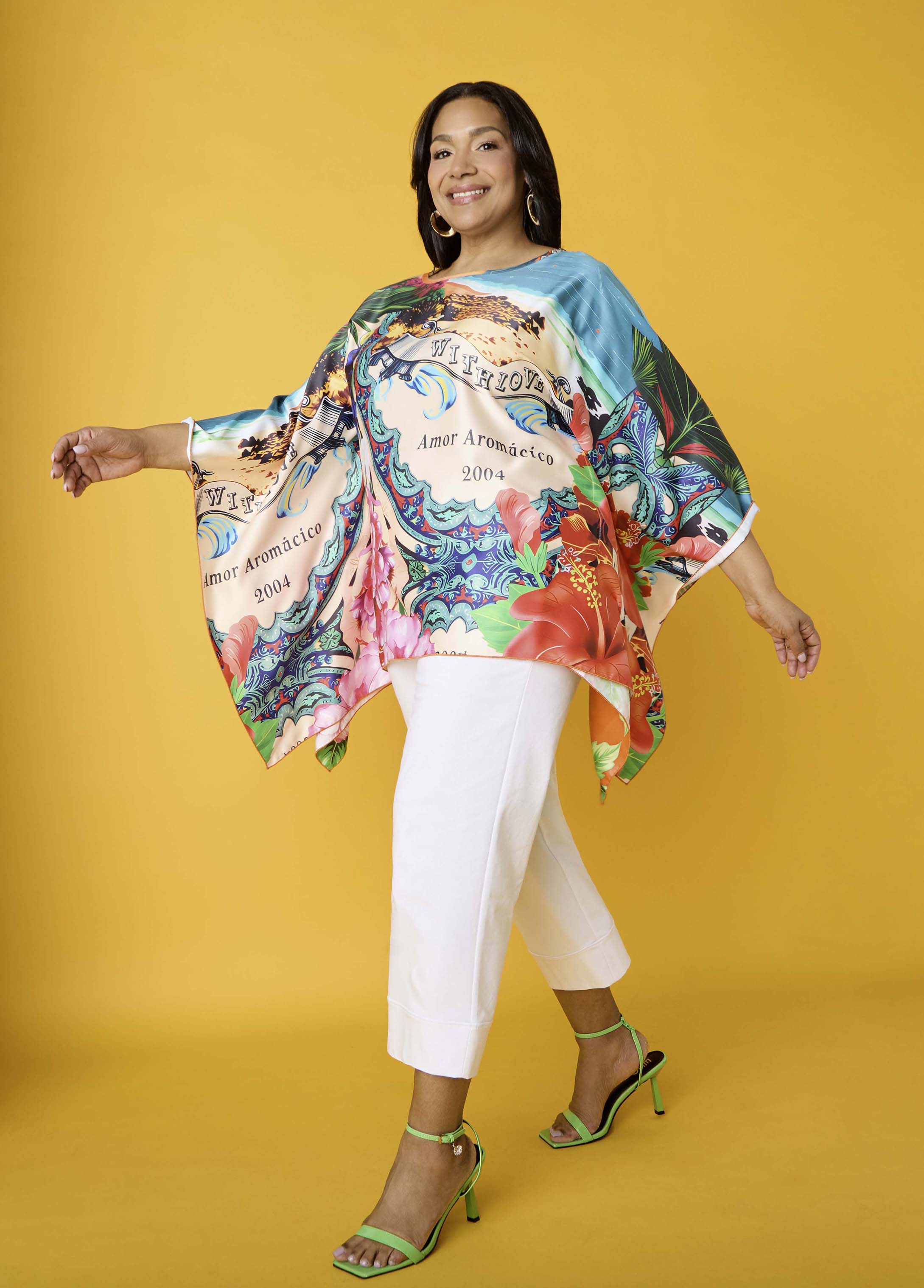 Plus Size Postcard Print Satin Poncho Drama Sleeved Tunic