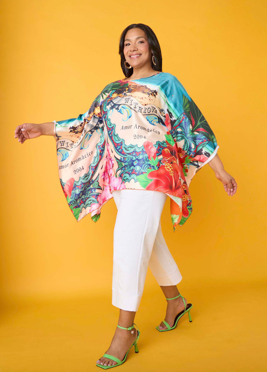 Plus Size Postcard Print Satin Poncho Drama Sleeved Tunic
