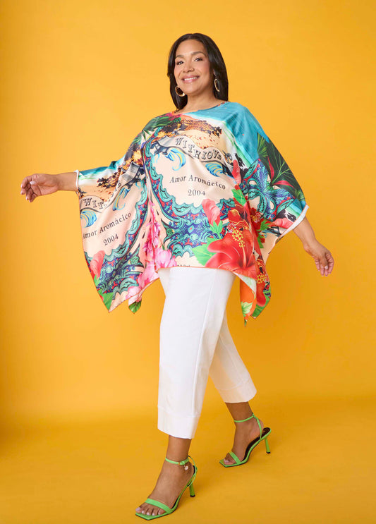 Plus Size Postcard Print Satin Poncho Drama Sleeved Tunic