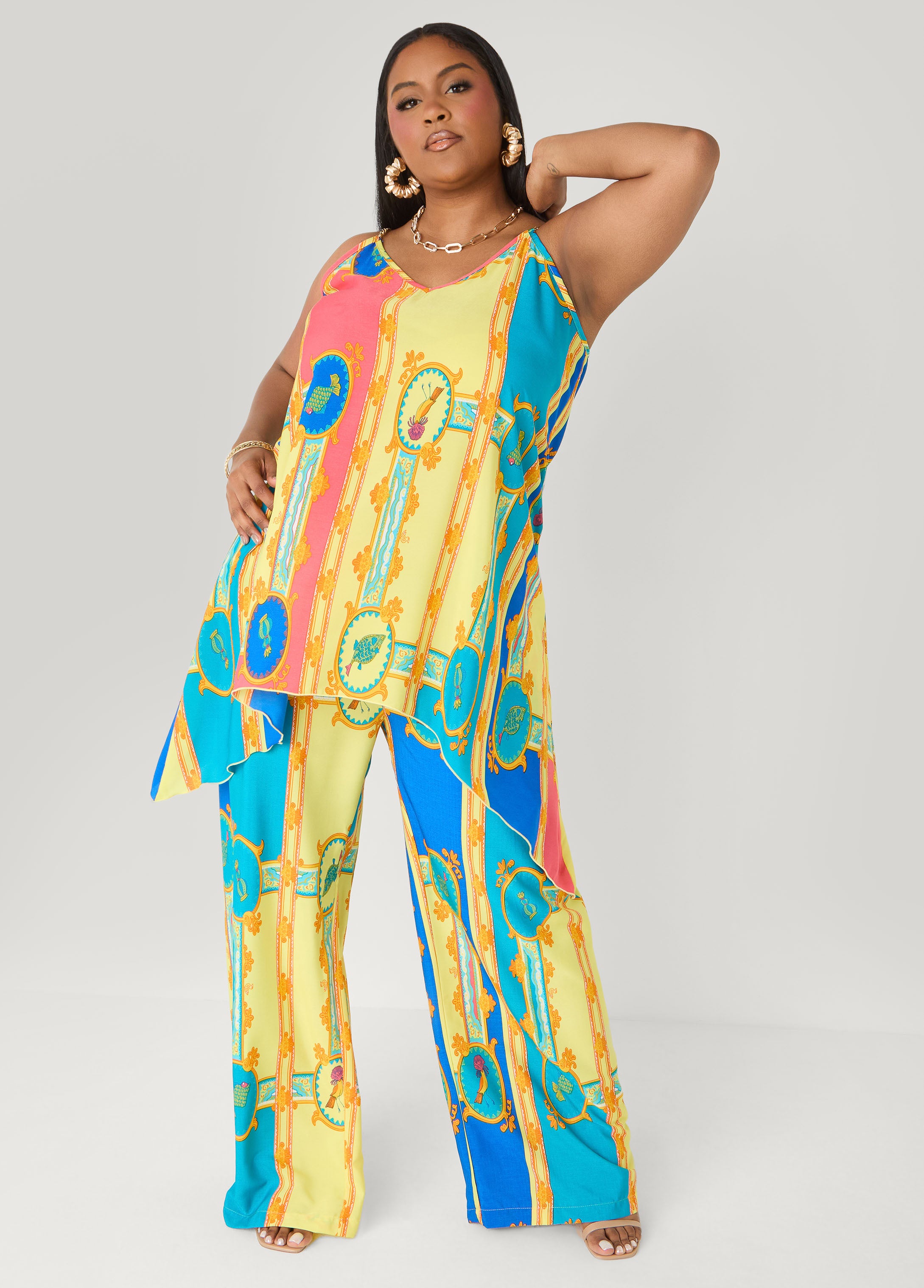 Chain Trimmed Scarf Print Top