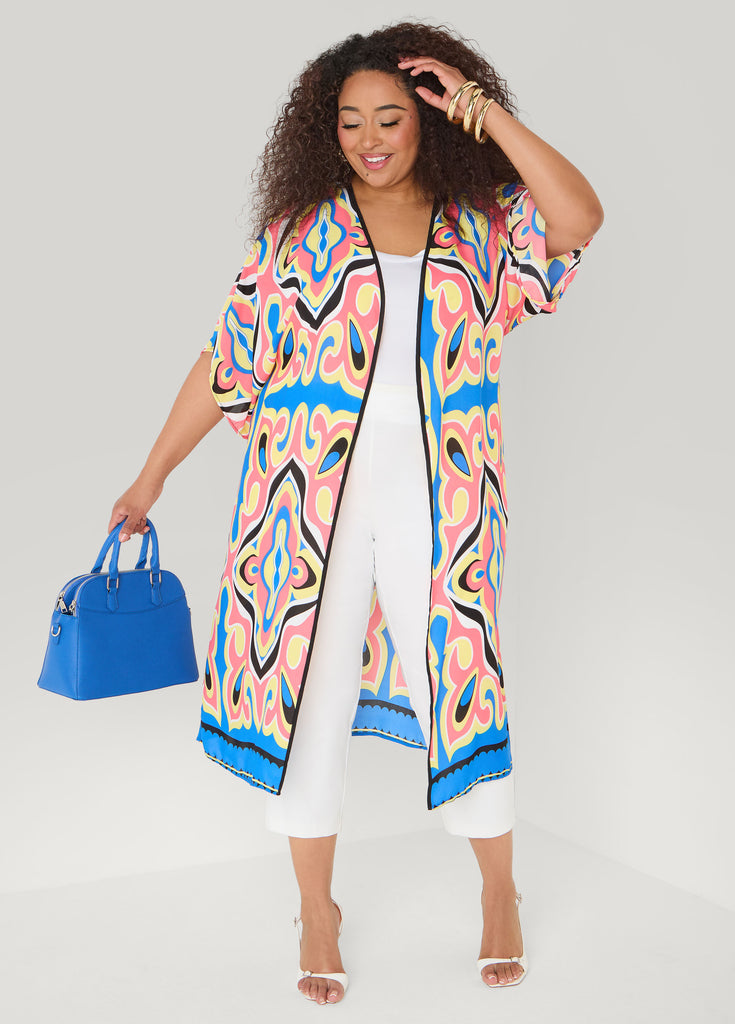 Abstract Print Open Front Kimono – Ashley Stewart