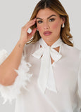 Feather Trimmed Tie Neck Blouse