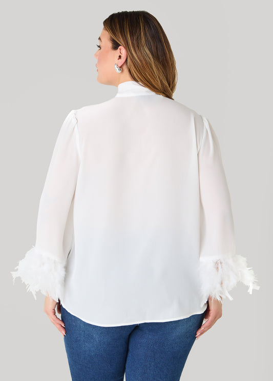 Feather Trimmed Tie Neck Blouse