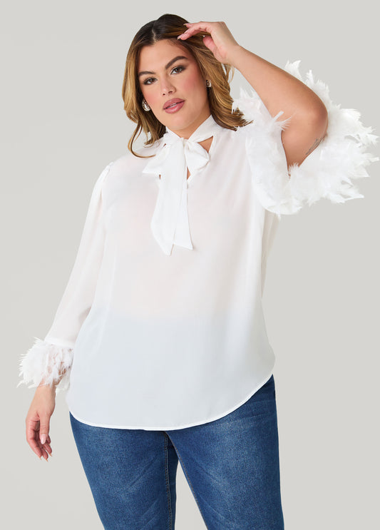 Feather Trimmed Tie Neck Blouse