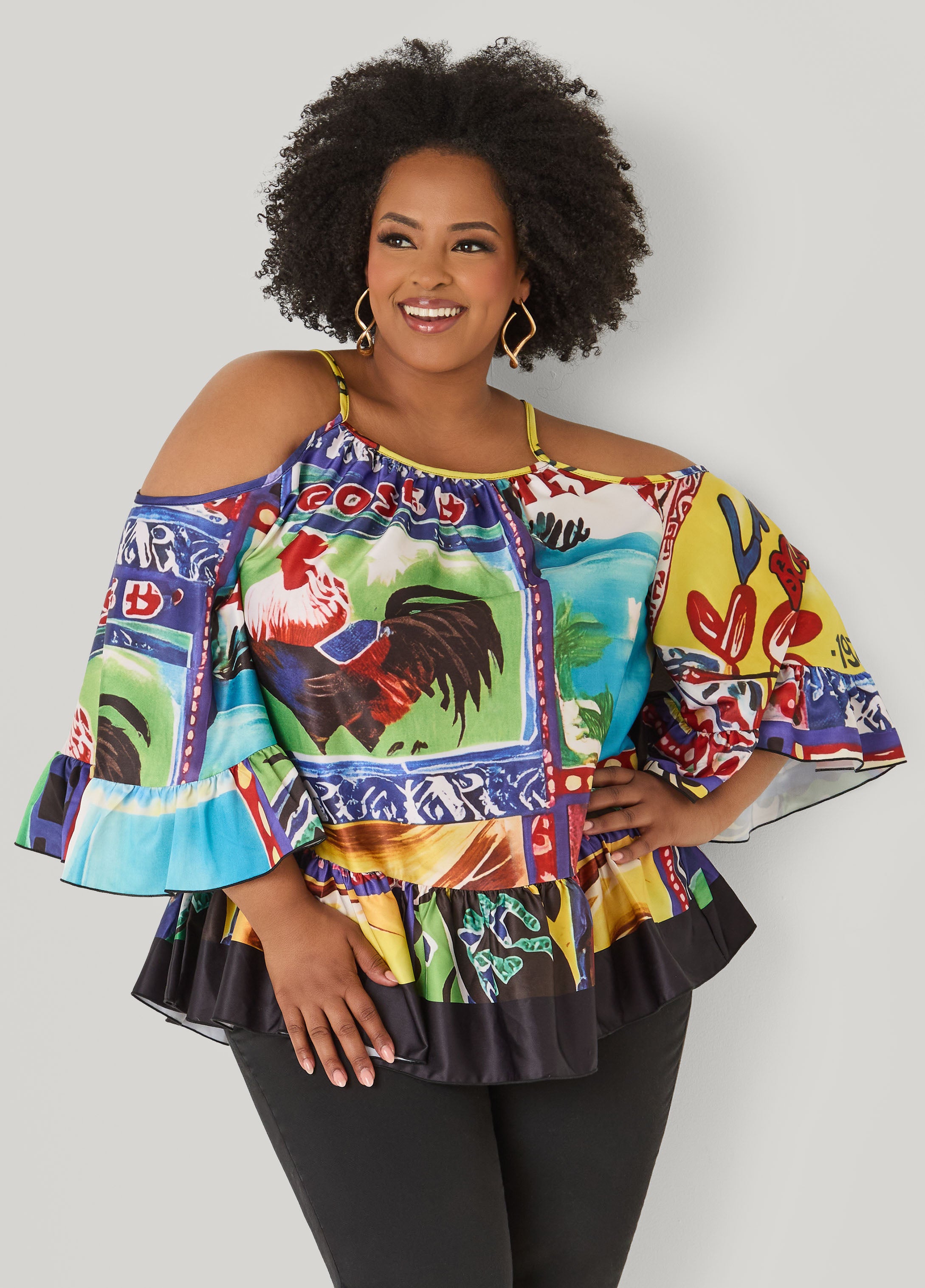 Printed Satin Cold Shoulder Blouse