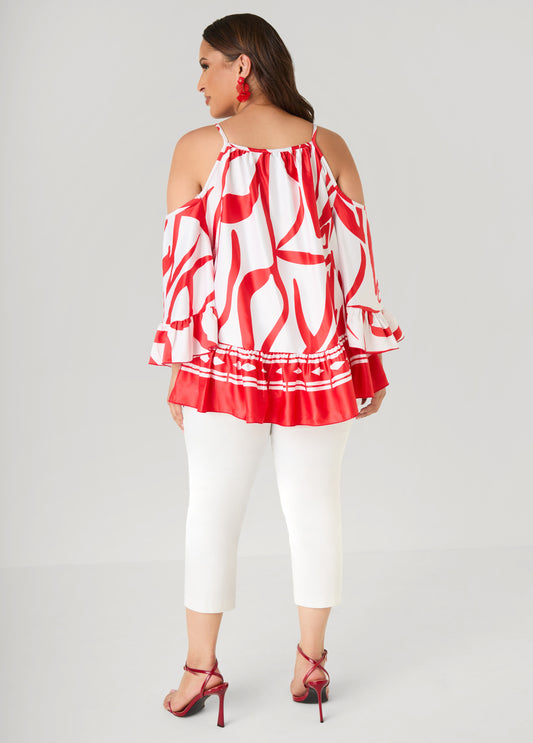 Cold Shoulder Printed Satin Blouse