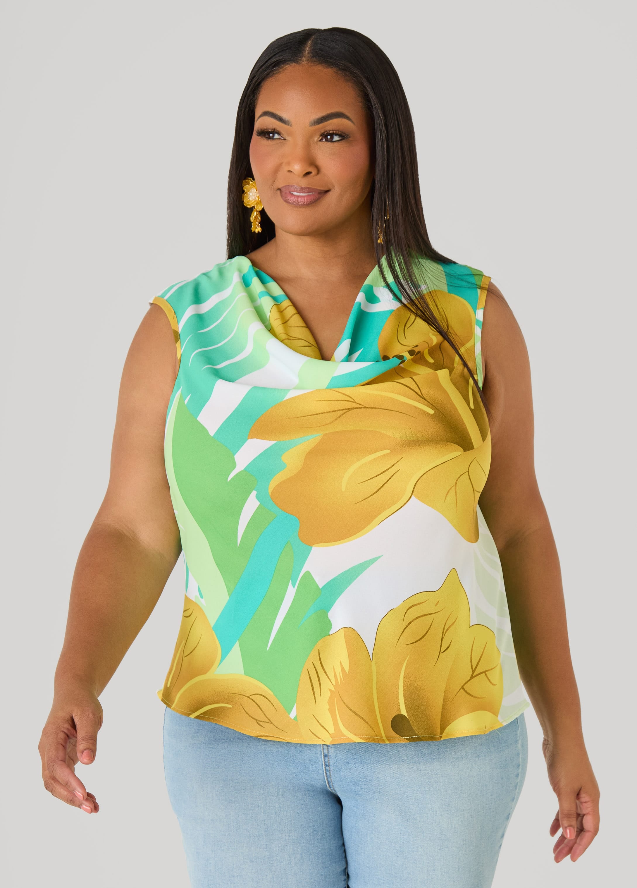 Leaf Print Cowl Neck Top