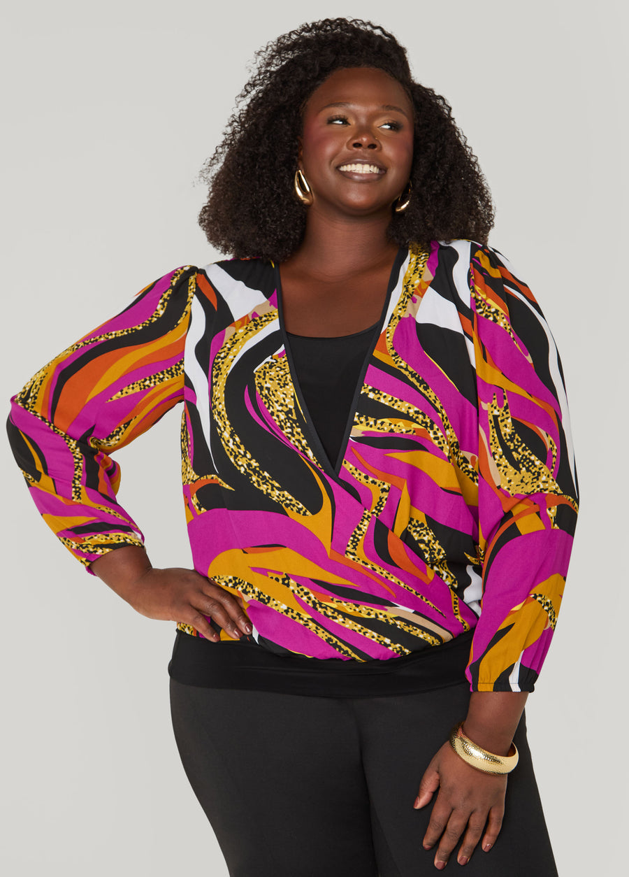 Layered Swirl Print Faux Wrap Top