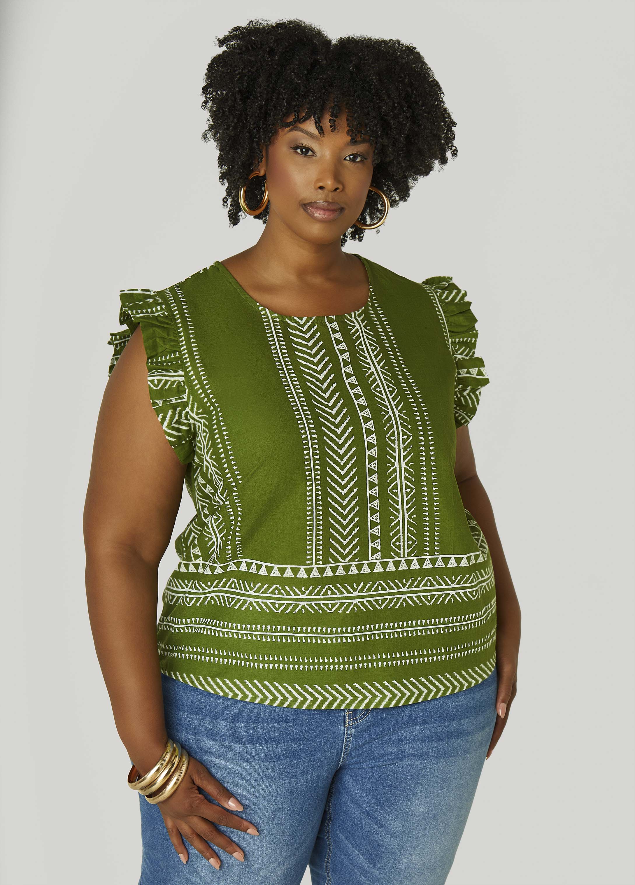 Plus Size Ruffle Trimmed Printed Cotton Top