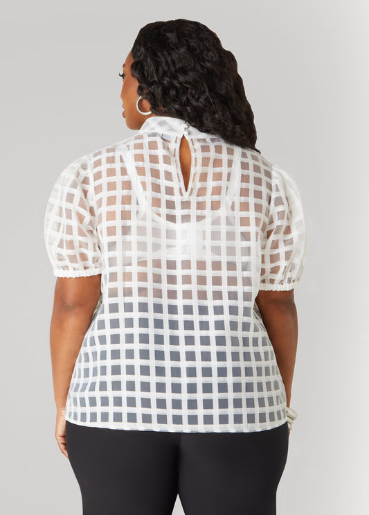 Mock Neck Windowpane Blouse