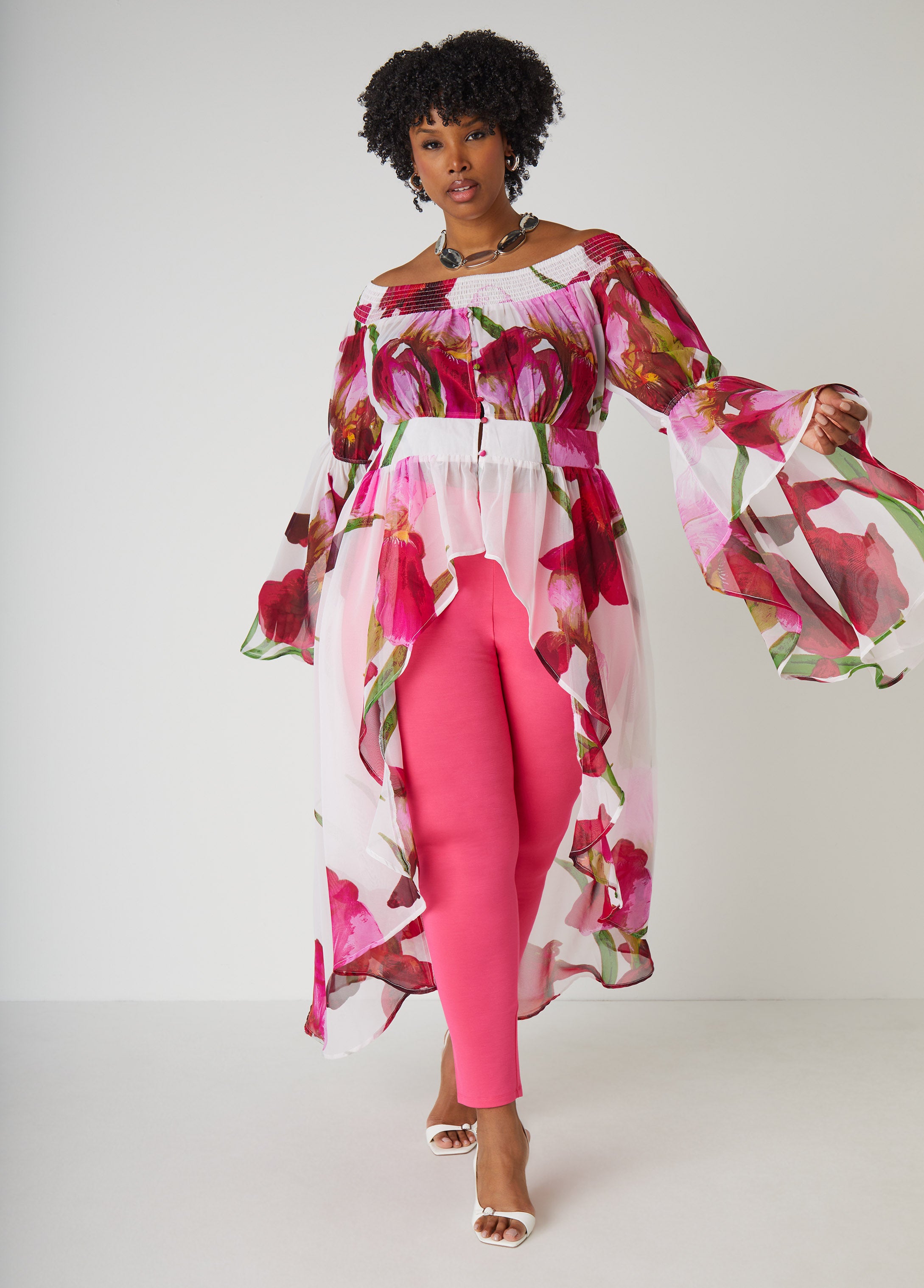 Plus Size Floral Sheer Off The Shoulder Plus Size Hi Low Duster Top