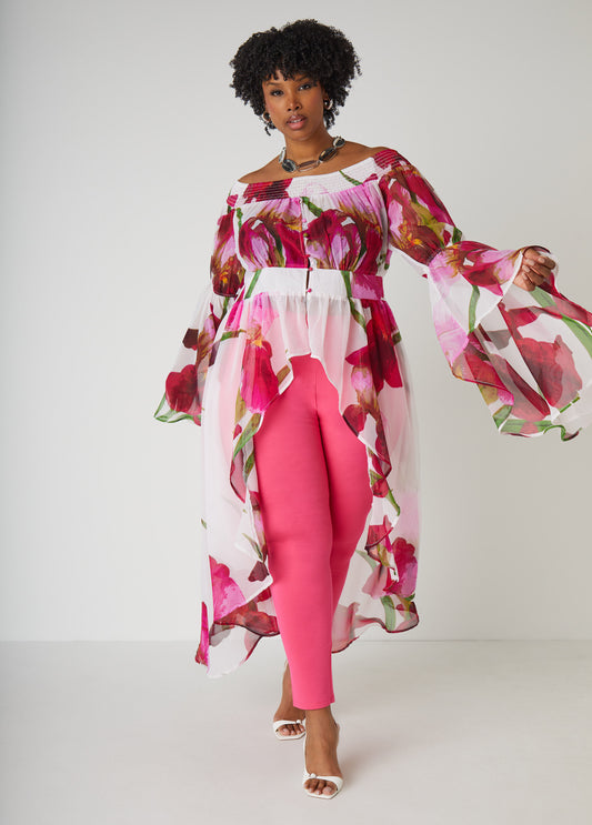 Plus Size Floral Sheer Off The Shoulder Plus Size Hi Low Duster Top