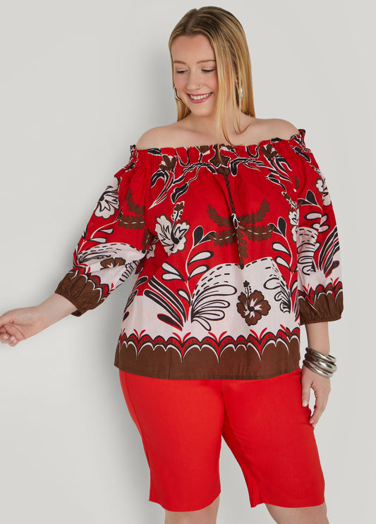 Plus Size Off The Shoulder Scarf Print Top