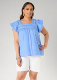 Plus Size Lattice Cutout Cotton Top Short Sleeve Ruffle Summer Blouse