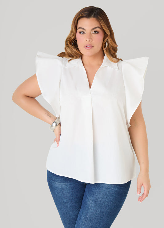 Ruffled Sleeve Poplin Top