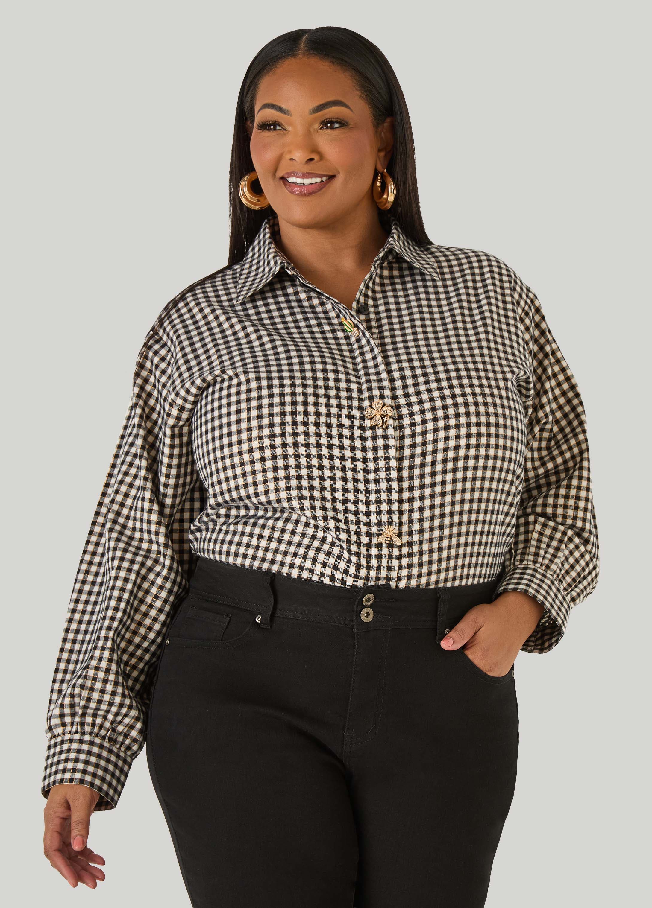 Metallic Plaid Cotton Blend Shirt