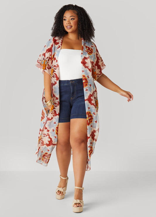 Plus Size Scarf Print Chiffon Duster
