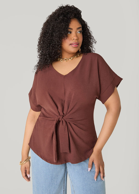 Tie Front V Neck Top
