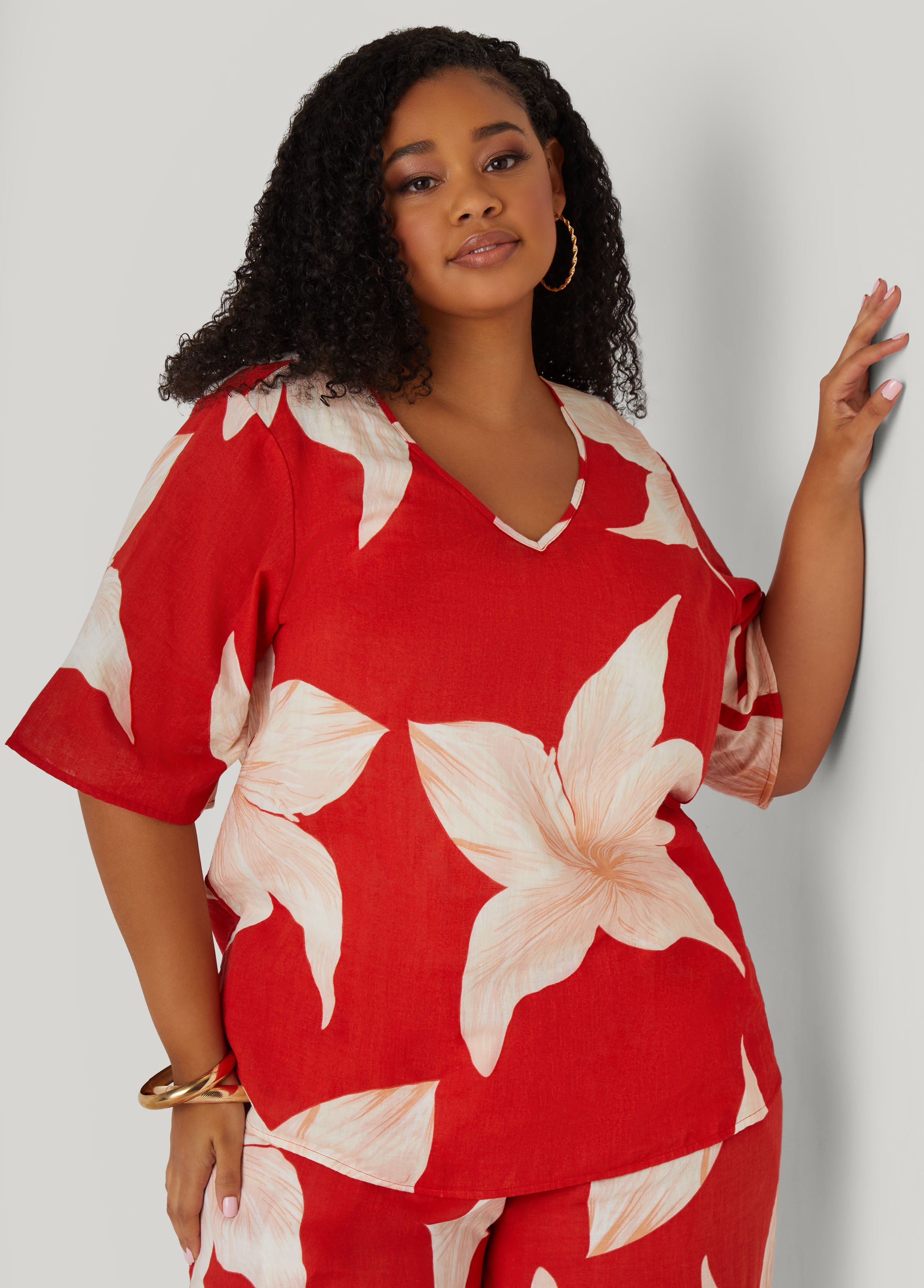 Plus Size Floral Print Cotton Gauze Top
