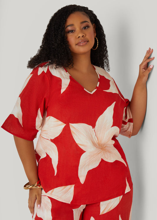 Plus Size Floral Print Cotton Gauze Top