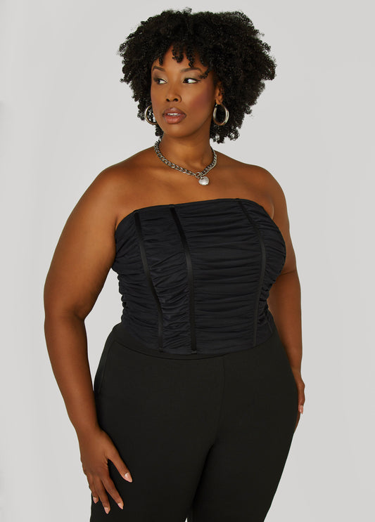 Plus Size Strapless Ruched Mesh Corset Top
