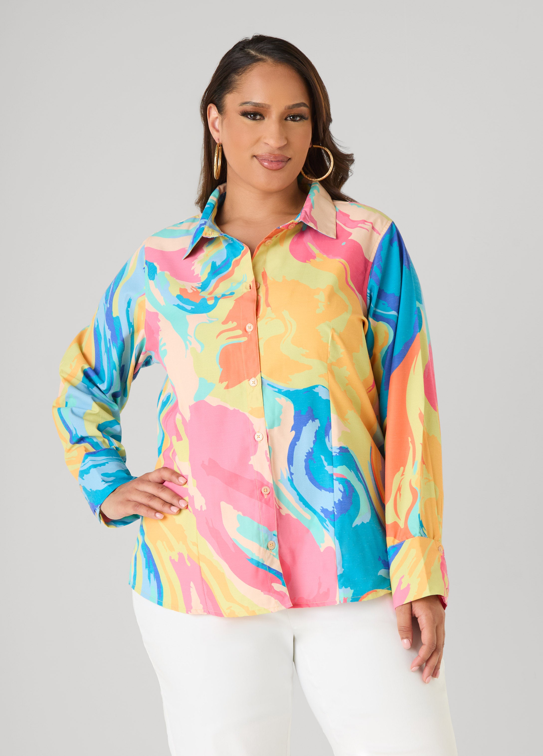 Watercolor Print Collared Shirt