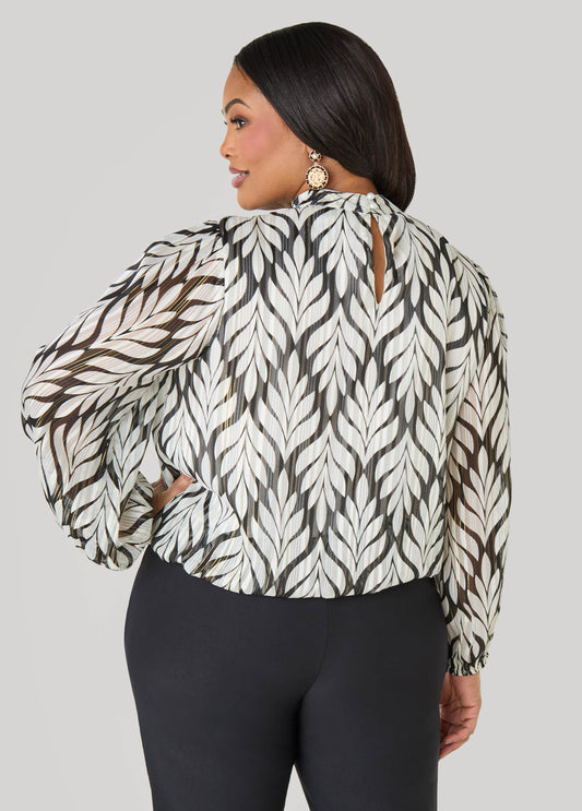 Mock Neck Leaf Print Blouse