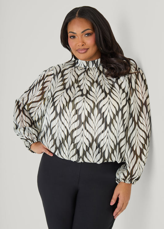 Mock Neck Leaf Print Blouse