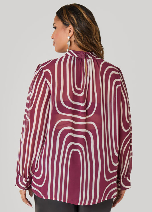 Abstract Print Mock Neck Blouse