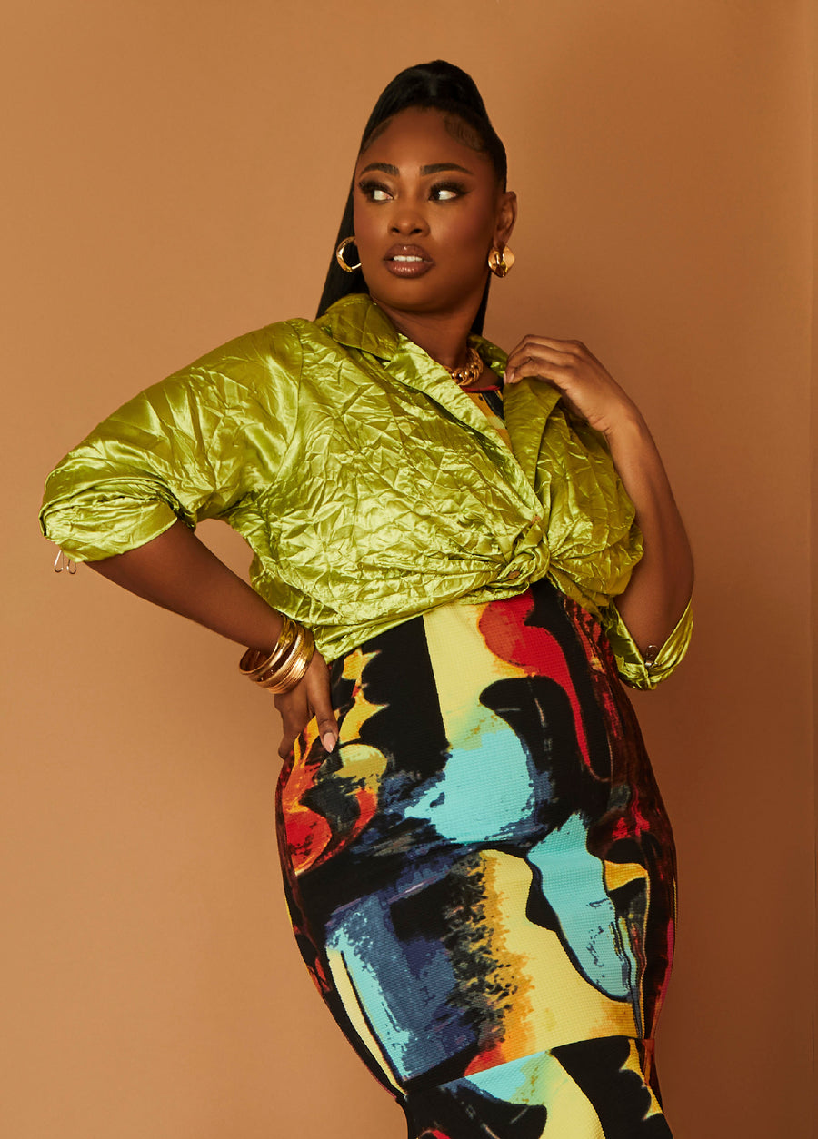 Plus Size Satin Shirt Plus Size Party Collared Top Two Piece Matching Set	
